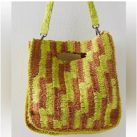 Free People Brunch Date Brown Green Yellow Raffia Purse NWOT - Picture 5 of 9